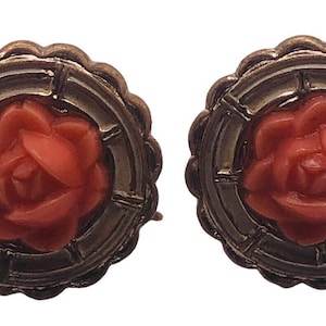 Vintage Faux Coral Carved Celluliod Rose Flower Screw Back Earrings