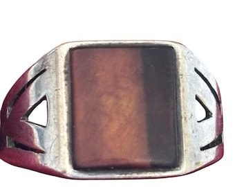 Anillo de sello vintage británico Henry Griffith & Sons, plata 925, ágata marrón, talla 10.