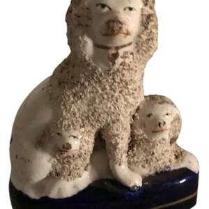 Trio Exquisite Antique Woolly Staffordshire Poodles with Pups Cobalt Base 5&quot;