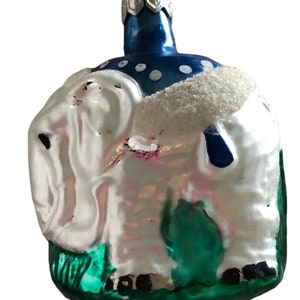 POLAND Blown Glass Christmas Ornament ELEPHANT Blue and Green White Flocked