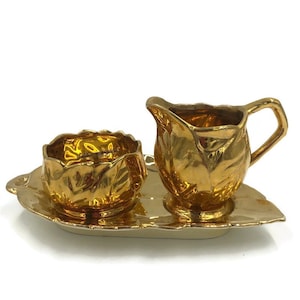 Vintage Grimwades Royal Winton Gold Leaf Form Creamer & Sugar Dish Tray