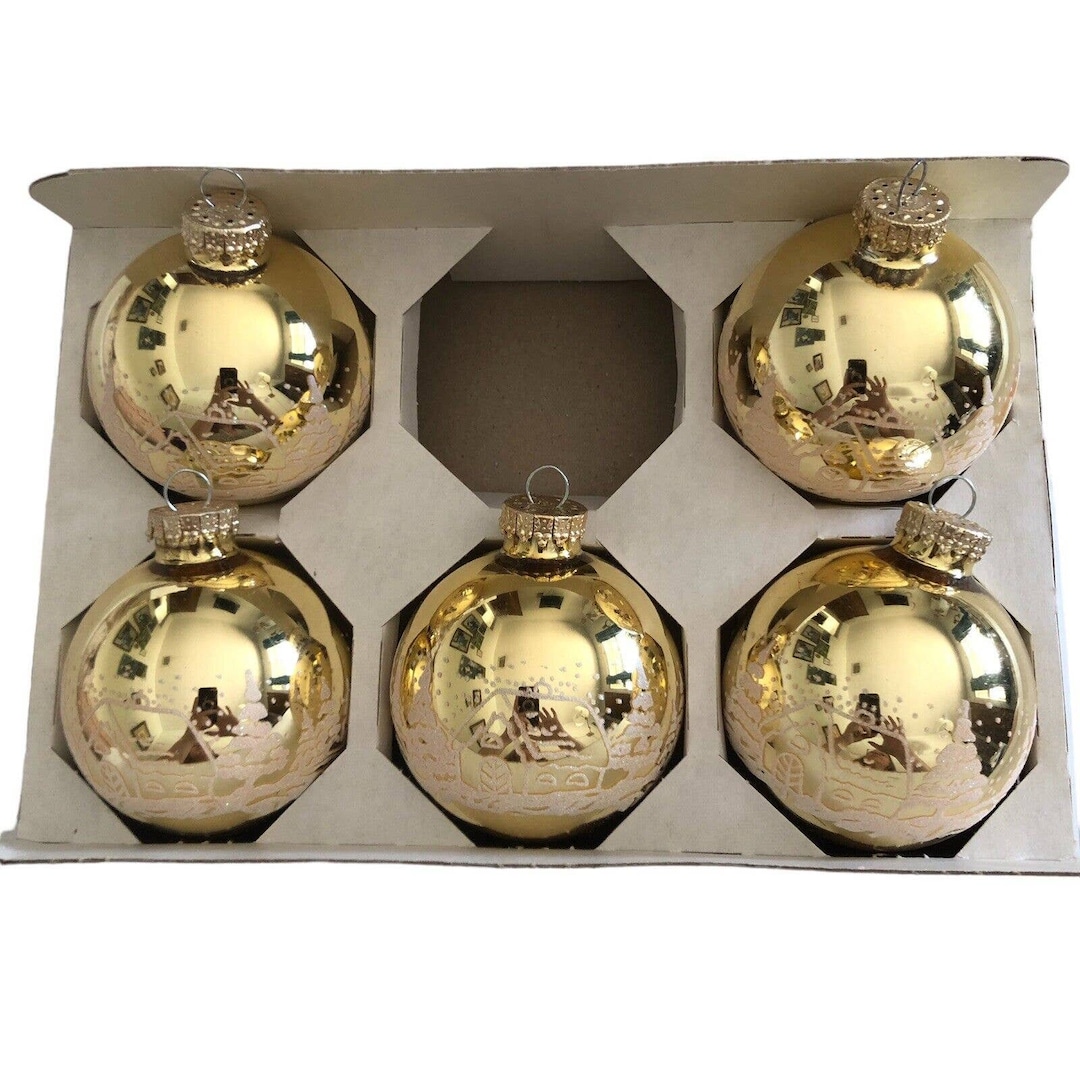 Set of 5 Vintage Gold 3 Krebs Glass Tree Ornament Stencil Snow Scene