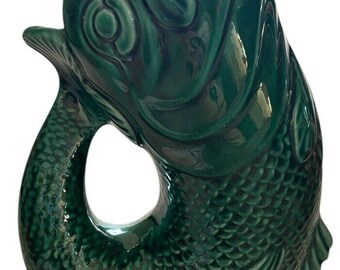 Early 20th Century Dartmouth Green Majolica Gurgling Fish Pitcher 1930s England