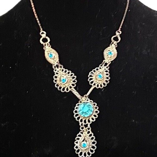 Vintage Victorian Cannetille Silver Wire Necklace Blue Aqua Stone 17in