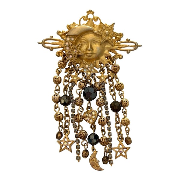 Kirks Folly Celestial Moon Sun Shooting Stars Jeweled Gold Tone Brooch
