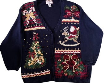 Cárdigan navideño Tiara International, suéter azul de Papá Noel para mujer, talla 22/24