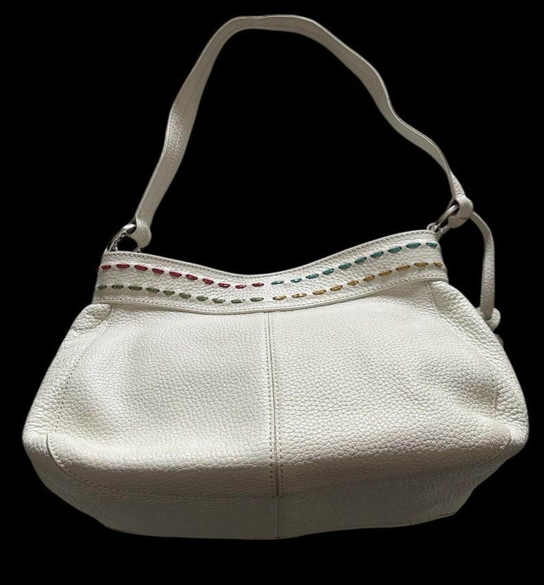 Monedero Brighton de cuero blanco con detalles de costuras multicolor y herrajes plateados imagen 4