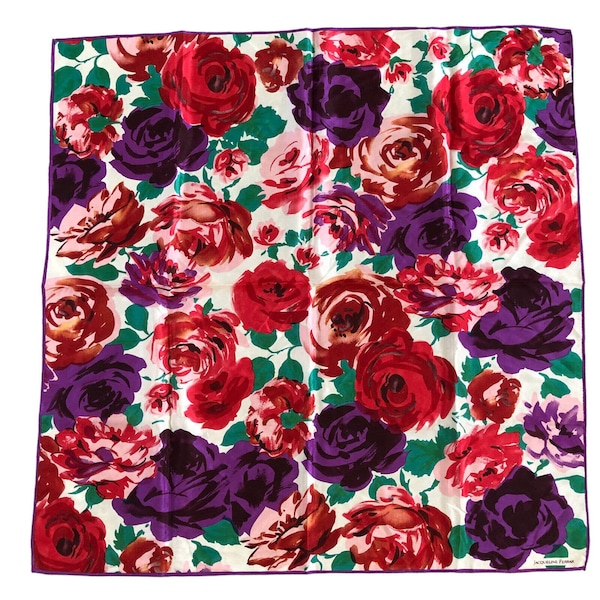 vintage Jacqueline Ferrar rose flower print square scarf silk 30" x 30" Japan