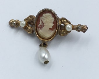 Vintage Bar Pin Brooch Cameo Simulated Pearl Dangle