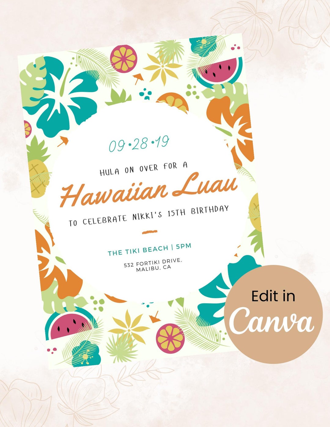 Hawaiian Luau Birthday Invitation Template | Tropical Hawaiian Birthday ...