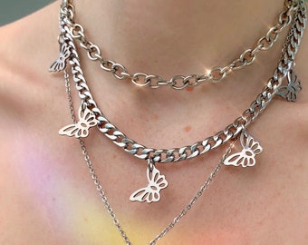 Pure Stainless Steel Butterfly Curb Chain Necklace - Unisex , Edgy Everyday Jewelry, Rave Accessories, Festival Choker