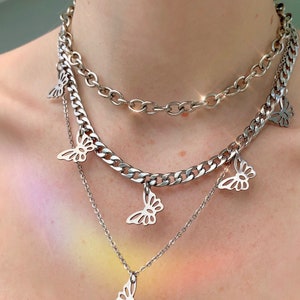 Pure Stainless Steel Butterfly Curb Chain Necklace - Unisex , Edgy Everyday Jewelry, Rave Accessories, Festival Choker