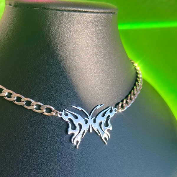 Y2K Butterfly Silver Stainless Steel Curb Chain 2000s 90s Necklace - Unisex, Adjustable, Edgy Jewelry, Rave Accessories, Festival Choker