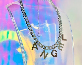 Customizable / Personalized 100% Stainless Steel Unisex Edgy Name Word Letters Curb Chain Adjustable Choker / Necklace for Rave, Festival