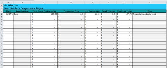 Hair Salon Based Employee Compensation Spreadsheet Etsy