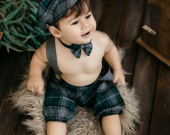 Newborn Flat Cap sets,Beige Check flat cap with pants,Newborn photography prop,Vintage style baby boy clothing prop.Handmade in UK by me