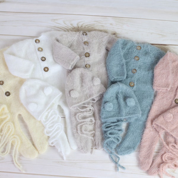 Soft Fluffy Cozy Newborn Handmade Knit Footed Sleeper Romper and Bear Bonnet Set