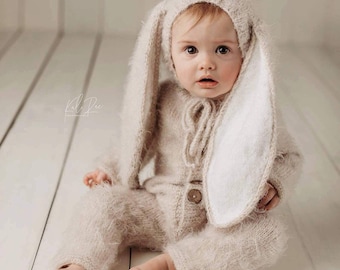 Sitter Easter Bunny Handmade Knit Footless Romper and Bonnet Set, 6-12 and 12-18 months Photoshoot Prop