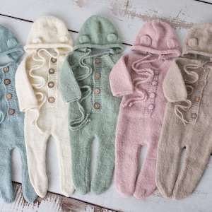 Newborn Handmade Knit Footed Sleeper and Bear Bonnet Sets Ready to ship