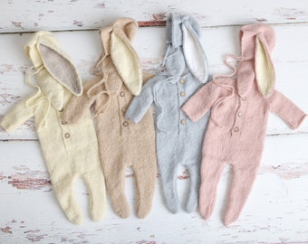 Easter Bunny Newborn Photography Photoshoot Footed Pajama Romper Bunny Ear Bonnet Set