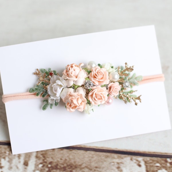 Peach Babygirl Floral Headband, Handmade Dainty Newborn Sitter Toddler Flower Halo Tieback Cake Smash Photography Prop