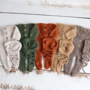 Fall Newborn Photography Fuzzy Knit Baby Footed Romper Pajama and Bear Bonnet Sets