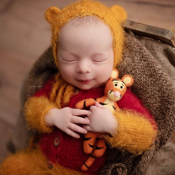 Newborn Knit Winnie Bear Costume Photoprop, Handmade Super Soft Baby Footed Romper and Bonnet Set