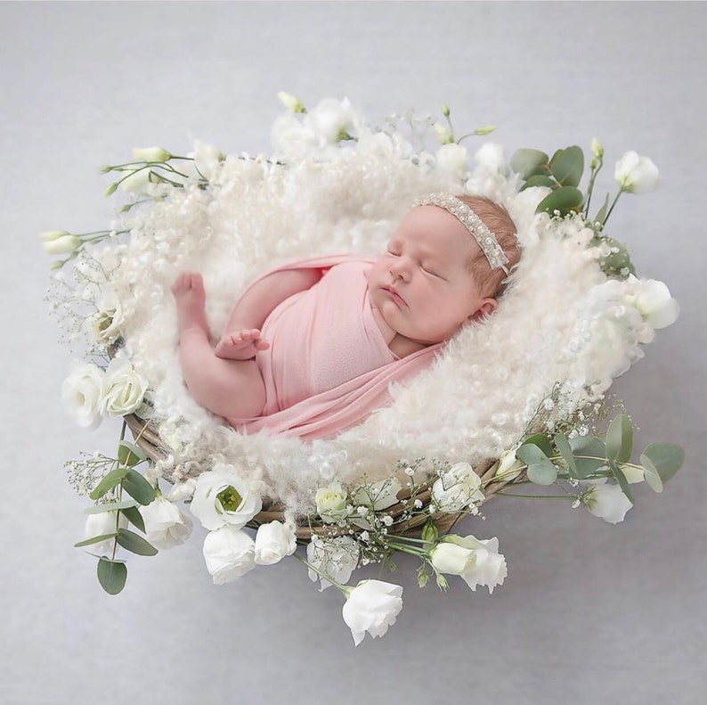 Ready to Ship Angel Baby Headband Baby Elastic Headpiece Photoprop White Rhinestone Pearl Babygirl Headband 0-2 Ages Cute Handmade Crown