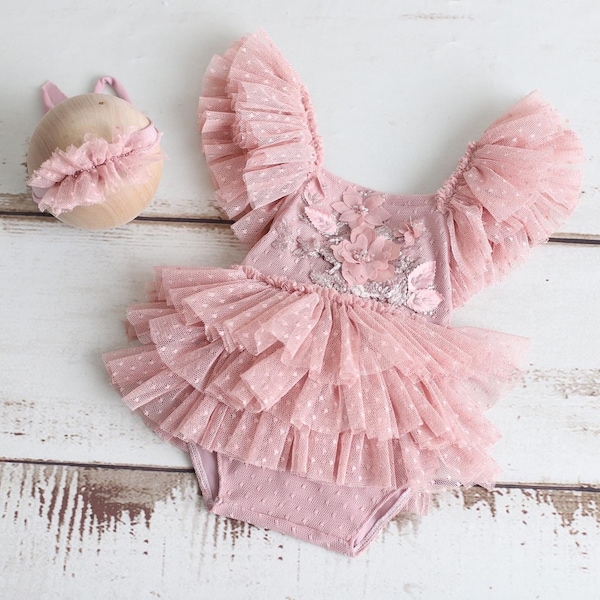 Babygirl Dotted Tulle Ruffles Floral Romper and Tieback Set, Photoshoot Photoprop