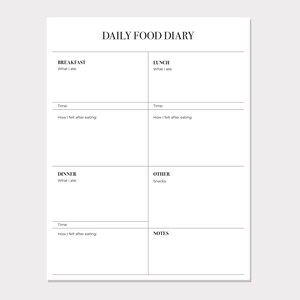 Daily Food Diary Template – Printable Food Journal Tracker – Instant Download