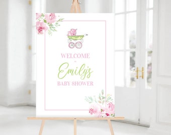May include: Welcome to Emily's Baby Shower sign featuring a pink and green watercolour floral design and a stroller illustration.