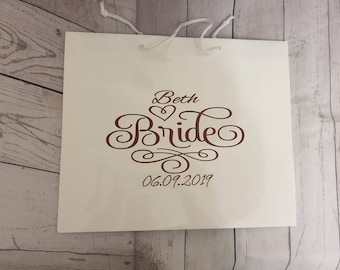 Large gift bags. White bridal gift bag. Bridal party gift bag. Bride, groom, maid of honour. Personalised bag. Customised gift bag.