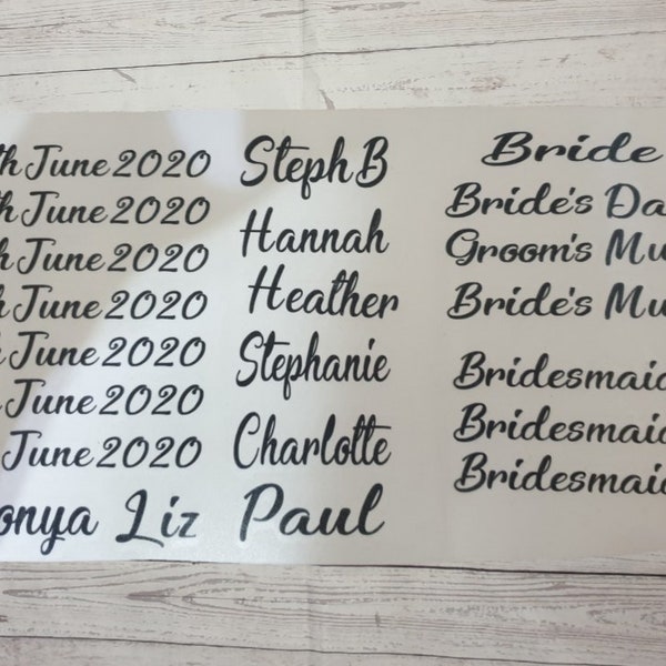 DIY customised/personalised. Clothing hanger/coat hanger vinyl decal. Vinyl stickers. Wedding hanger vinyl decal. Name, role and date.