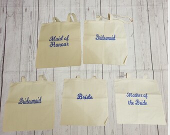 Bridal party bags. Bridesmaid. Maid of honour. Flower girl. Mother of the bride/groom. Hen bags. Cotton canvas bags.