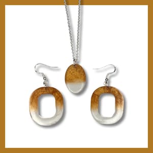 Handmade necklace and earrings set oval copper and clear