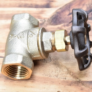 Brass FIP Stop Valve Threaded 1/2 Inch, Custom Powder Coated Handle Wheel, Steampunk Industrial Pipe Decor