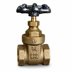 May include: A brass gate valve featuring a black and white marbled handle. The valve body is embossed with the text LF, 3/4, and 200 WOG. The component has a metallic gold finish and a threaded connection point on each side for plumbing installation.