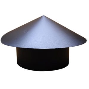 May include: A black metal chimney cap with a conical top and a cylindrical base. The top is a dark gray color and has a slightly textured surface. The base is a solid black color. The chimney cap is designed to protect the chimney from the elements.