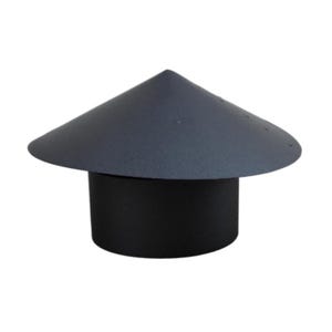 May include: A dark gray metal chimney cap with a conical top and a cylindrical base. The top has small ventilation holes. The cap is designed to fit over a chimney flue to prevent rain and debris from entering.