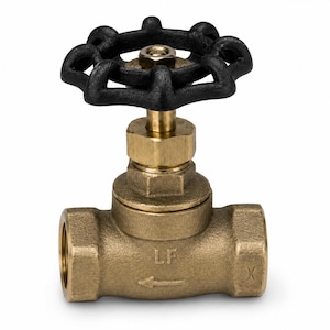 May include: A brass globe valve featuring a black circular handwheel at the top. The valve body has a metallic gold finish with the letters LF and a directional arrow embossed on the side. The threaded ports are visible on both ends of the unit.