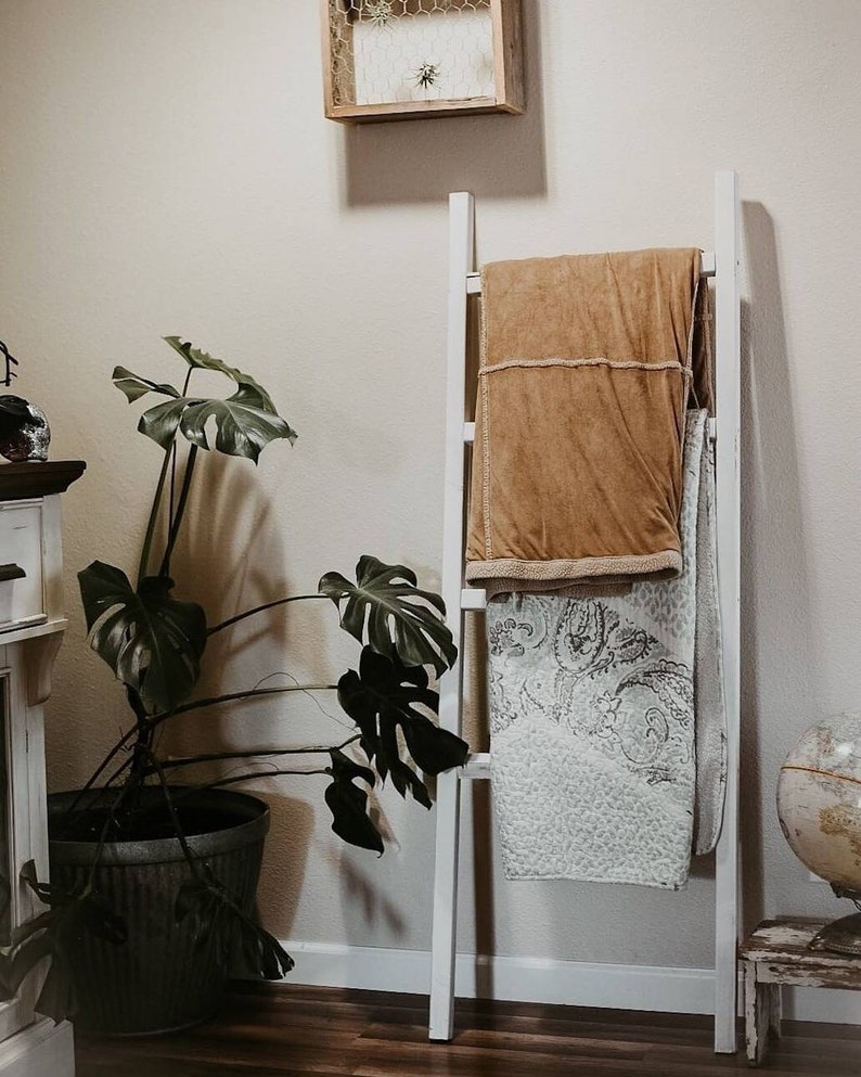 May include: A white wooden ladder leaning against a wall, displaying two blankets. One blanket is a solid tan color, and the other is a white and gray paisley pattern. A large potted plant with large green leaves is in the foreground.