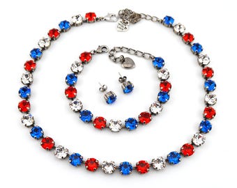 Patriotic Austrian Crystal Necklace Bracelet Set, Handmade Jewelry Gift, "Miss America"