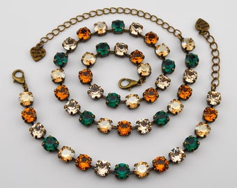 Fall Themed Crystal Jewelry, Necklace or Bracelet &quot;Pumpkin Spice&quot; | Green & Orange Crystal Jewelry | 8mm Austrian Crystal Jewelry For Women