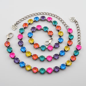 Rainbow Crystal Jewelry, Necklace or Bracelet &quot;Neon Lights&quot; | Retro Neon Multicolor Crystal Jewelry | 8mm Austrian Crystal Jewelry For Women