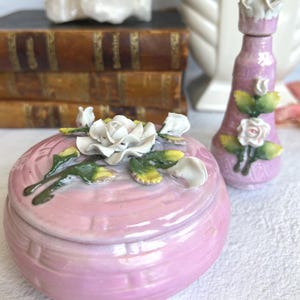 Antique Porcelain Set in Pink - Trinket Bowl with Lid and Perfume Bottle