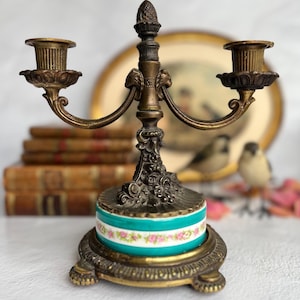 Rare Antique Brass Two Arm Candelabra with Porcelain Floral Base