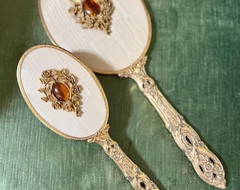 Mid Century Cream Hand Mirror & Brush with Amber and Gold Jeweled Filigree