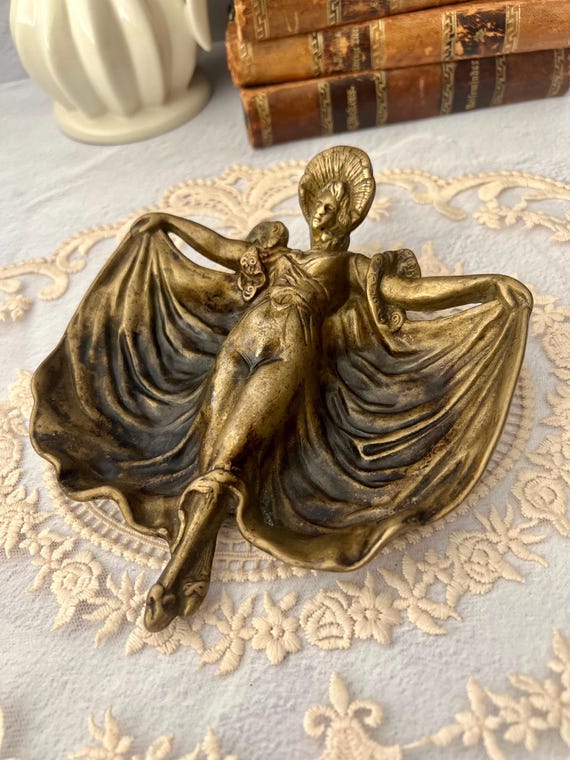 Antique Art Nouveau Brass Tray of Woman in a Bonnet