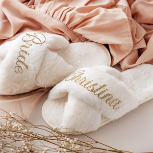 Bridal Shower Wedding Gifts | Bachelorette Party | Bride Bridesmaid Slippers | Fluffy Slippers| Bridal Party Gifts | Bridesmaid Proposal