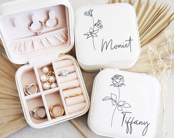 Bridesmaid Jewelry Box | Galentines Gifts for Women | Personalized Travel Jewelry Case | Birth Flower Gift | Birthday Gift for Her